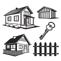 Black and white house and real estate icons home property