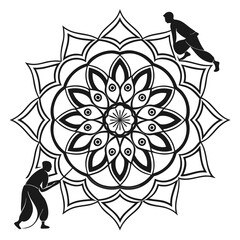 Black and white mandala with figures performing martial arts radial symmetric