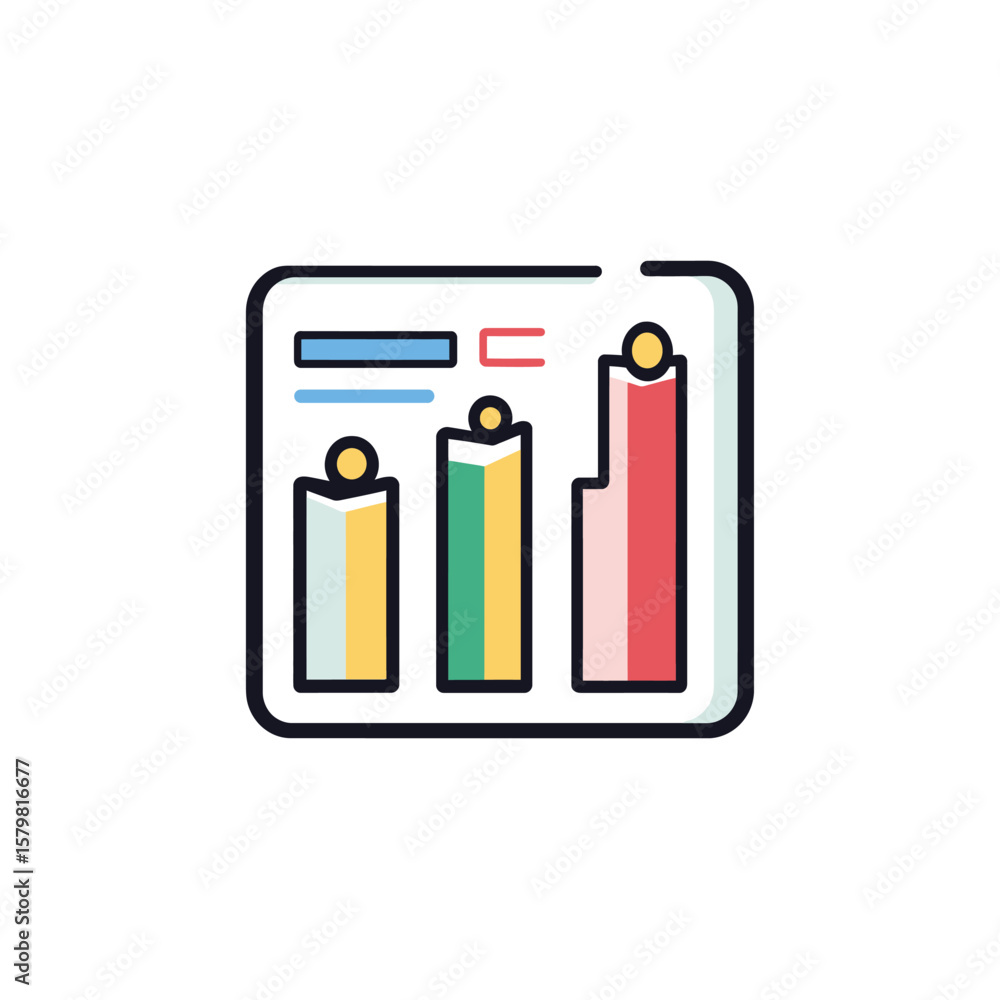 Poster colored column chart icon with outlines on white background for finance and statistics