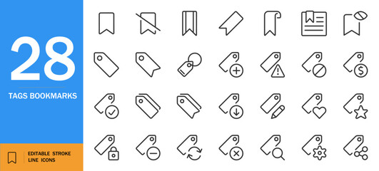 Tags & bookmarks icon set. Minimal line art vector collection. Includes labels, markers, web tags, e-commerce, UI elements and more. Editable stroke design.