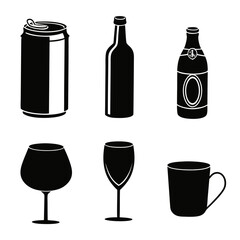 Black beverage container silhouettes on white background bottle