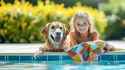 Smiling girl and golden retriever relaxing together by poolside on a sunny summer day with towel