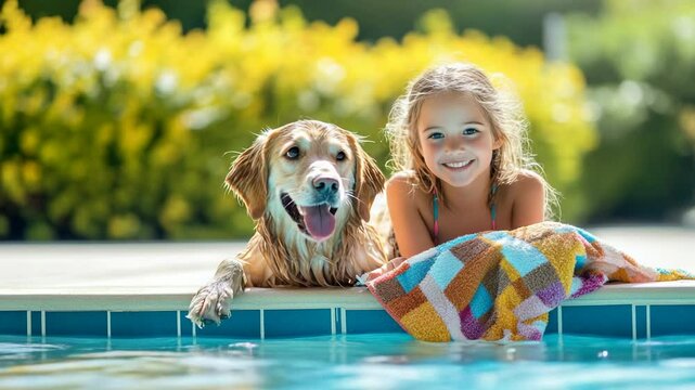 Smiling girl and golden retriever relaxing together by poolside on a sunny summer day with towel