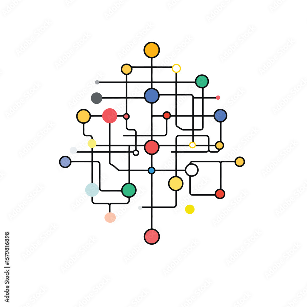 Poster colorful connected network abstract geometric design with circles and lines on white background