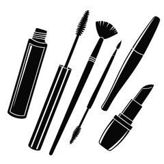 Black cosmetic tools collection including mascara lipstick and brushes makeup beauty