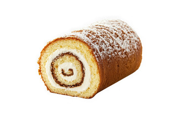 Delicious swiss roll cake with cream filling and powdered sugar topping dessert pastry food isolated on transparent background