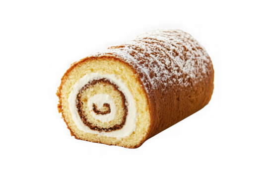 Delicious swiss roll cake with cream filling and powdered sugar topping dessert pastry food isolated on transparent background