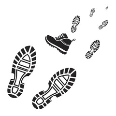 Black hiking boot and footprints on white background shoe print trail