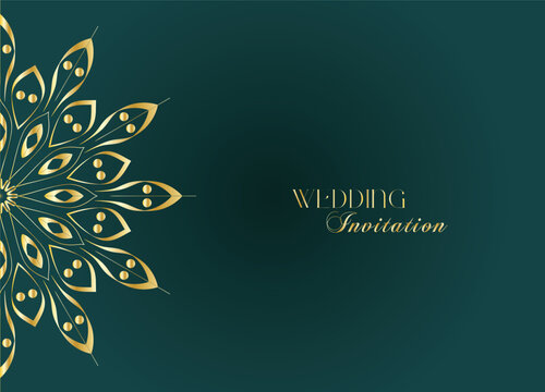 Elegant Gold Mandala Wedding Invitation Template on Dark Green Background