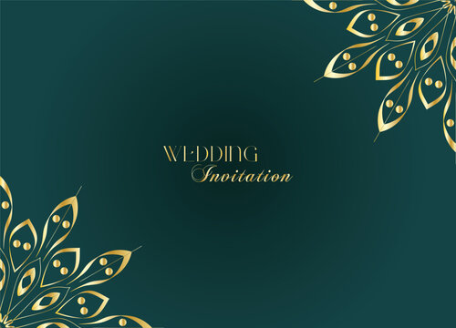 Elegant Gold Mandala Wedding Invitation Template on Dark Green Background