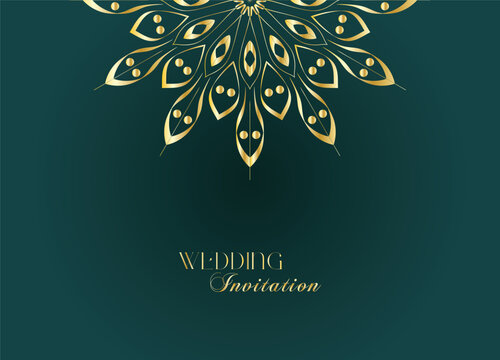 Elegant Gold Mandala Wedding Invitation Template on Dark Green Background