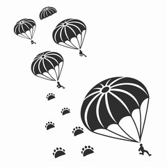 Black parachutes with people descending and paw prints skydiving descent