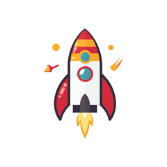 Colorful Rocket Launching with Flame on Transparent Background, Planets and Meteor