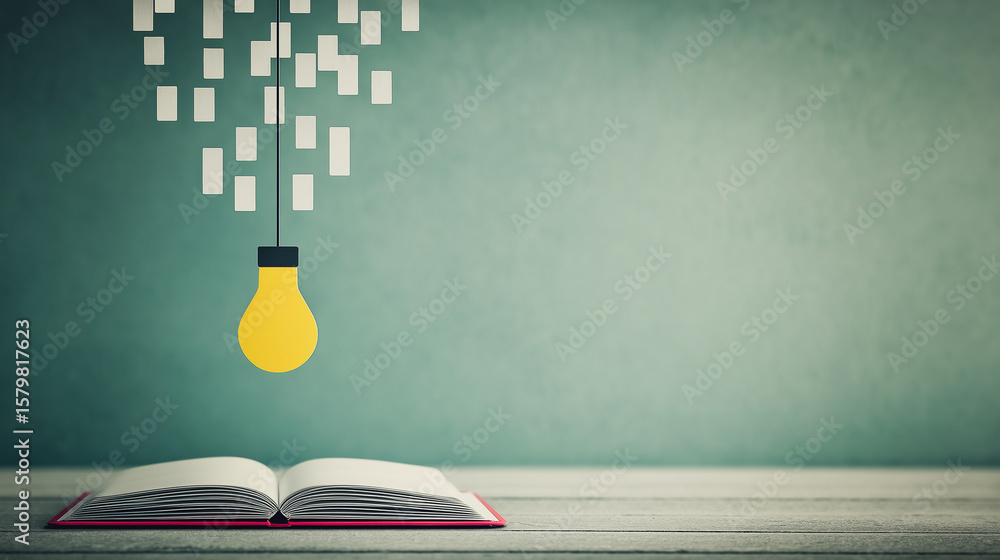 Poster creative spark: a bright yellow lightbulb illuminates above an open book, with a cascade of small bl