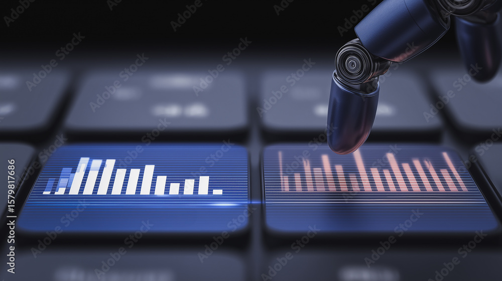 Poster digital insights: a robotic hand interacts with a keyboard, highlighting data analysis and technolog