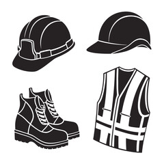 Black silhouettes of construction safety gear helmet boots