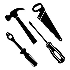 Black silhouettes of construction tools hammer saw screwdriver pliers vector