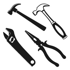 Black silhouettes of construction tools including hammers pliers and saw wrench
