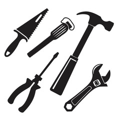 Black silhouettes of construction tools including hammer pliers saw wrench screwdriver
