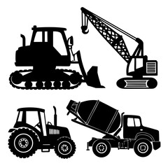 Black silhouettes of construction vehicles bulldozer crane