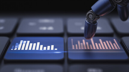 Digital Insights: A robotic hand interacts with a keyboard, highlighting data analysis and technological progress. A deep dive into the digital world.