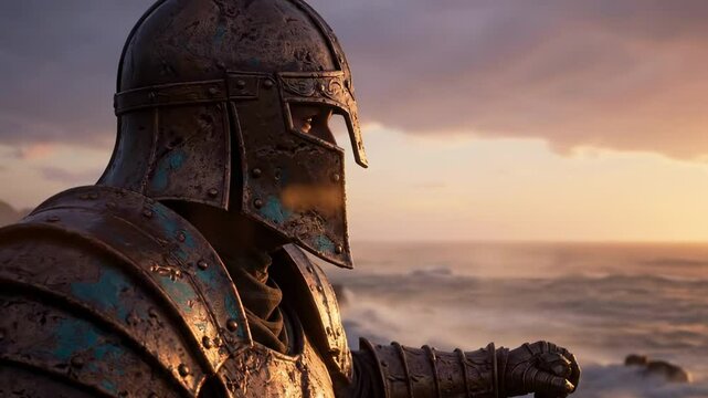 knight looking at sunset - A medieval knight in rusted armor stands on a rocky shore, gazing out at the turbulent sea during sunset, evoking themes of bravery and adventure