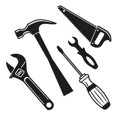 Black Silhouettes of Hand Tools Hammer Adjustable Wrench Saw Screwdriver construction