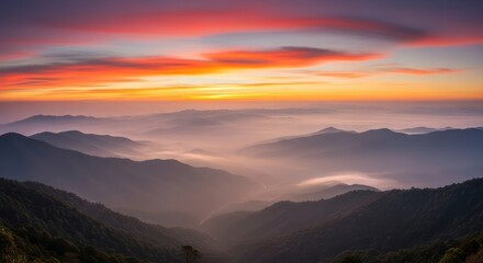 Obraz premium A scenic vista of layered, misty mountains at sunset, with vibrant orange and pink hues painting the sky above.