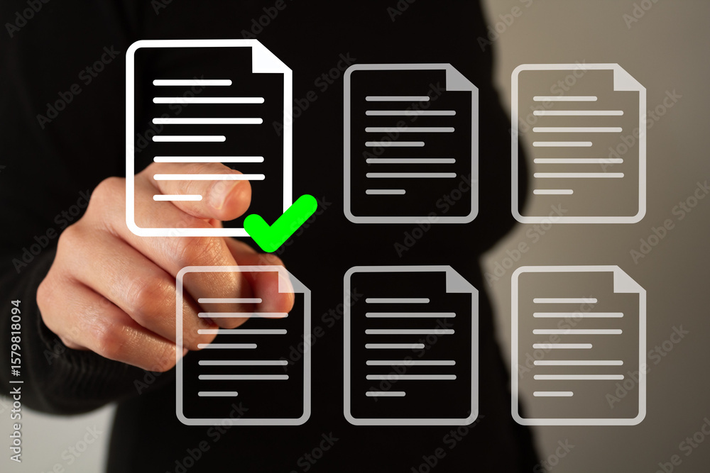Poster professional woman pointing at a document icon with a check mark, standing out from many others, doc