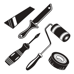 Black Silhouettes Of Paint Rollers And Tools paint brush scraper