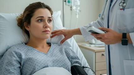 Doctor comforting a sick young Caucasian woman in a hospital bed. Physician checking blood pressure and showing support to a female patient during a medical examination. - Powered by Adobe