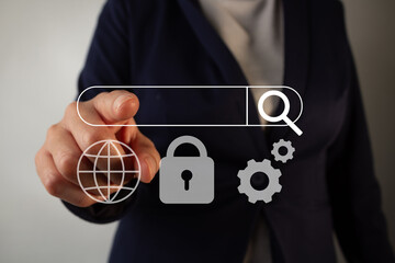 Businesswoman pointing at a search bar icon with a globe, lock, and gears. Internet search security...