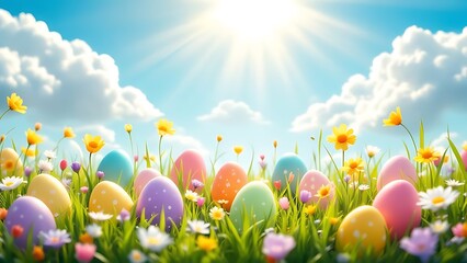 Colorful Easter eggs resting among fresh green grass and blooming flowers, glowing in soft sunshine, perfect for holiday cards and cheerful seasonal projects