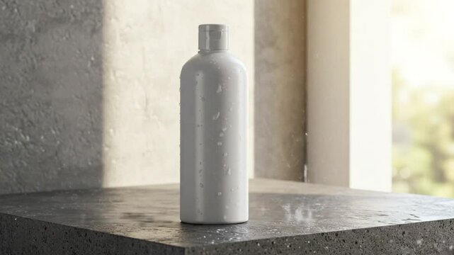 Gray plastic bottle with water droplets on wet surface