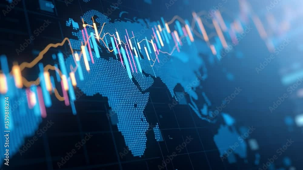 Poster a digital world map overlaid with colorful financial stock market graphs and data visualizations.