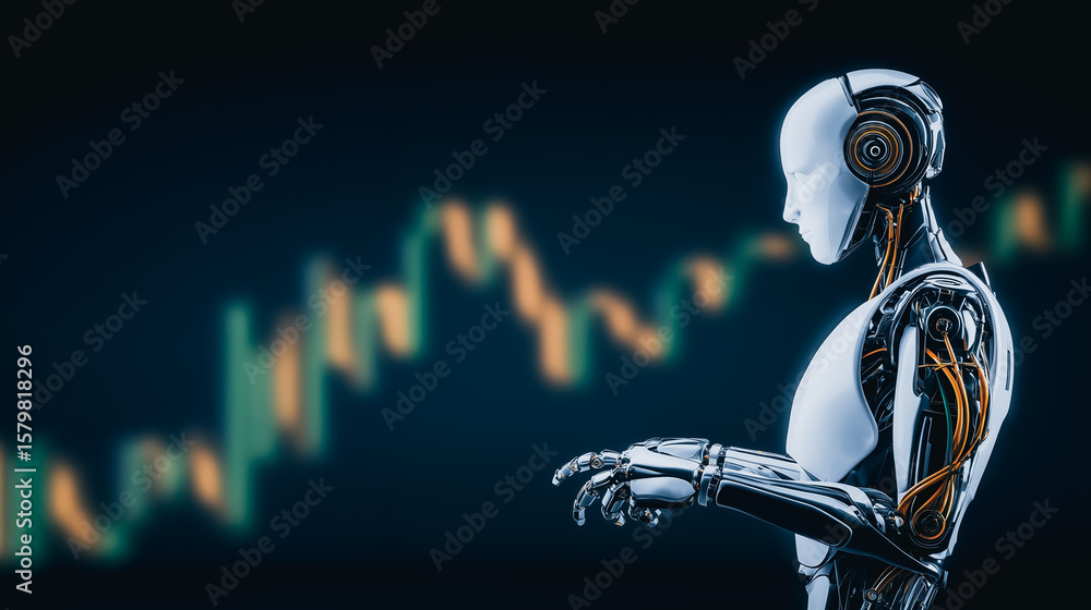 Poster ai trading bot: futuristic robot analyzes stock market data, its metallic body gleaming against a ba