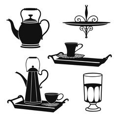 Black silhouettes of teapots cups and trays drink beverage
