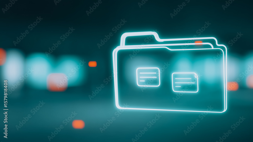 Poster digital file storage icon: illuminated digital file folder, a symbol of organized information. glowi