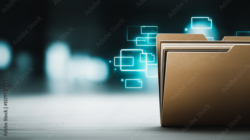 Poster data file and digital information: an eye-level, close-up of a beige file folder against a sleek, mo
