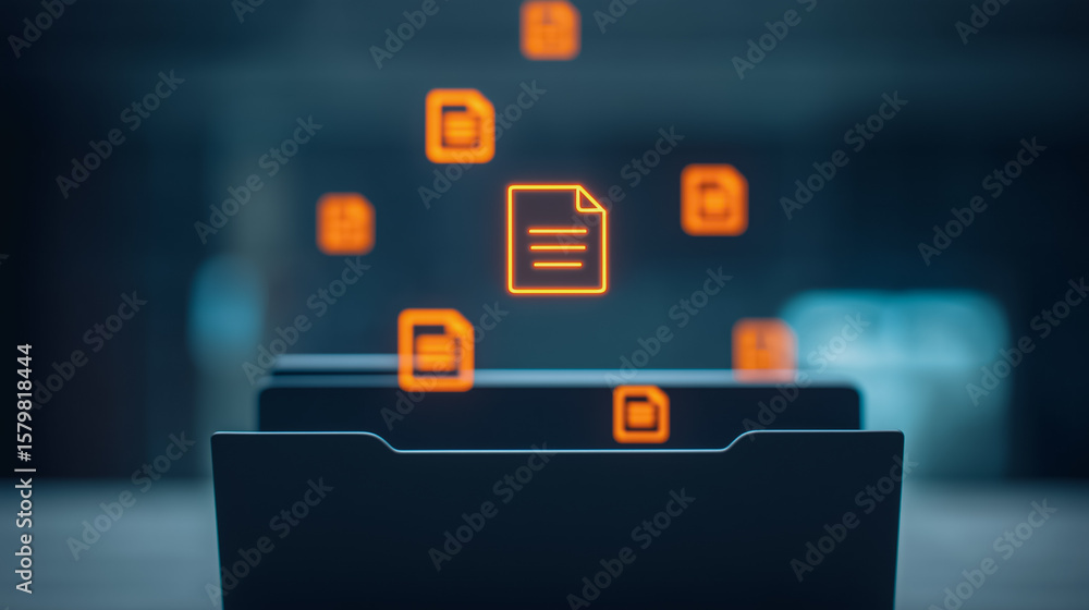 Poster digital data: a collection of digital documents and information emerges from a dark folder, conveyin