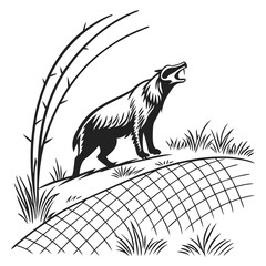 Black wolf howling near thorny branches and grid animal nature