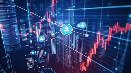 Futuristic city skyline with data visualization and stock market trends illustrating technology and finance - Powered by Adobe