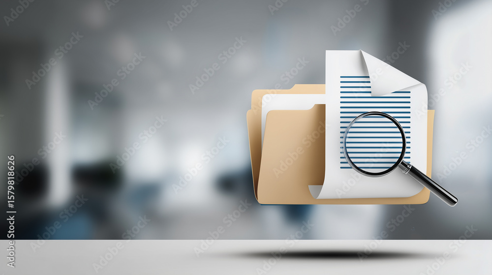 Poster document inspection: a file folder is illuminated with a magnifying glass on top of a document, sugg