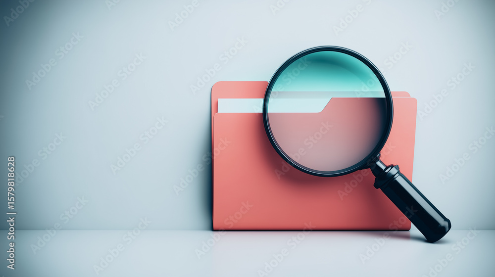 Poster data inspection: a captivating shot featuring a magnified view over a folder symbolizing critical da