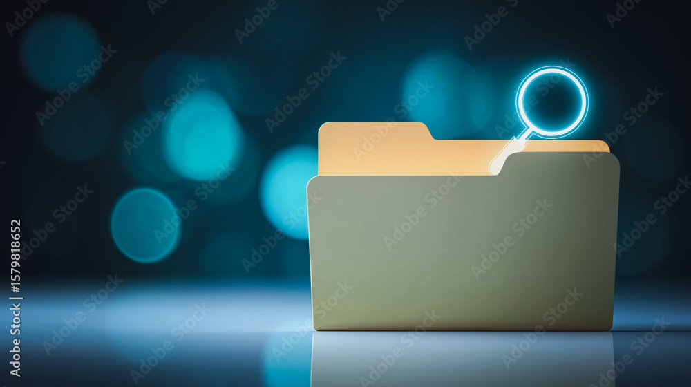 Poster data exploration: a digital file folder with a glowing magnifying glass hovering over it, symbolizin