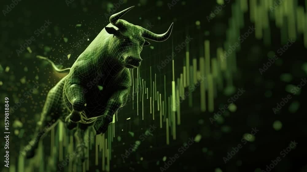 Poster A digital green bull charges forward with abstract financial chart elements in the background.