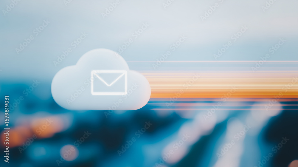 Poster cloud mail: abstract representation of a cloud with a mail symbol conveys digital communication, con