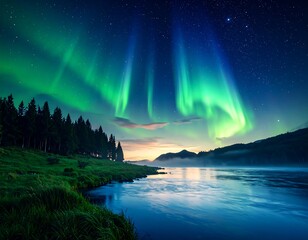 Aurora borealis over a river at dawn