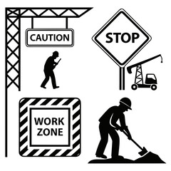 Construction site signs and workers silhouettes vector