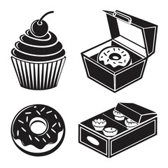 Cupcake donut and pastry box icons cherry bakery